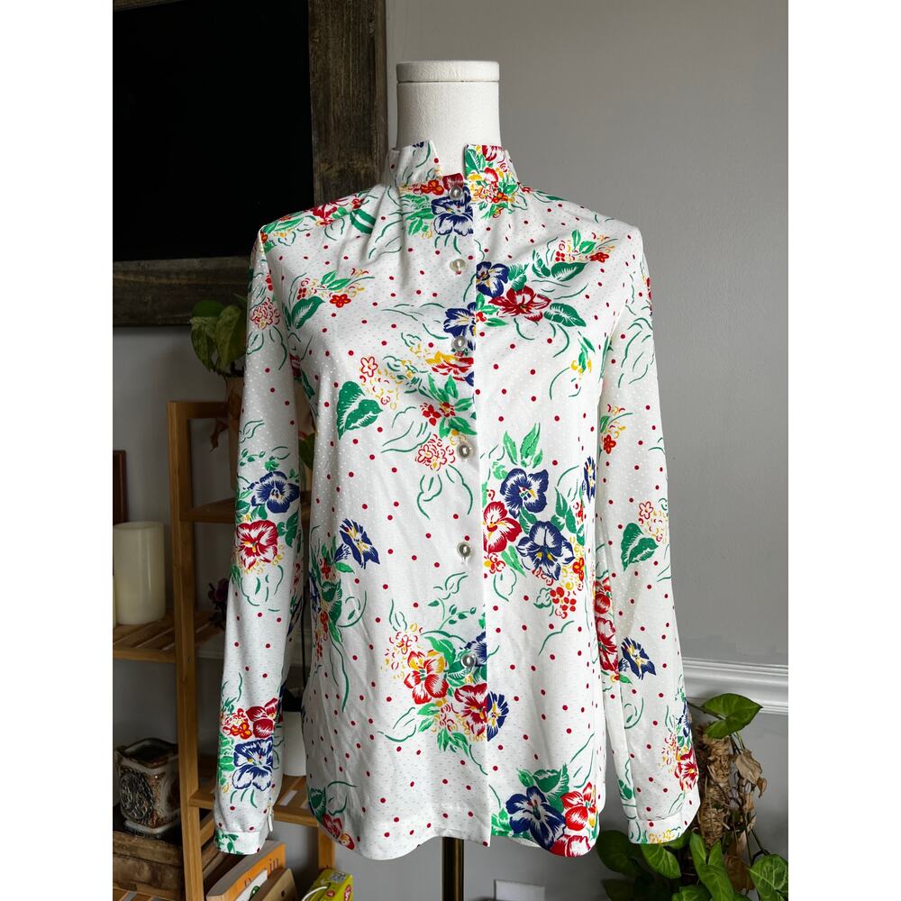 Vintage 70s Hawaiian Blouse Button Front White Red Blue Green Size Small